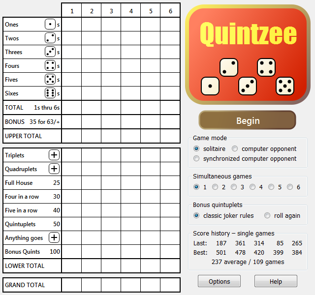 Quintzee solitaire