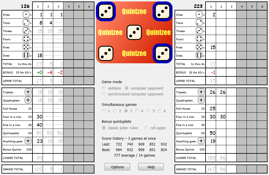 Quintzee with computer opponent